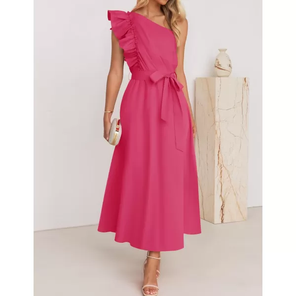 imageZESICA Womens Summer One Shoulder Ruffle Dress 2024 Sleeveless Empire Waist Boho Flowy Maxi DressesRose