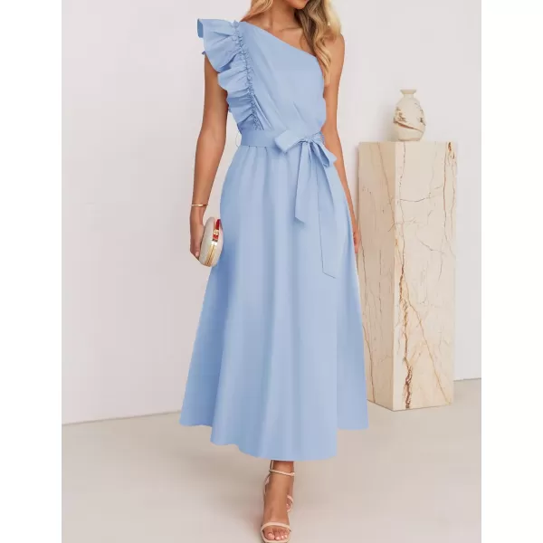 imageZESICA Womens Summer One Shoulder Ruffle Dress 2024 Sleeveless Empire Waist Boho Flowy Maxi DressesSky