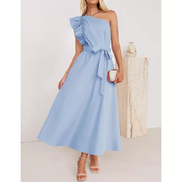 imageZESICA Womens Summer One Shoulder Ruffle Dress 2024 Sleeveless Empire Waist Boho Flowy Maxi DressesSky