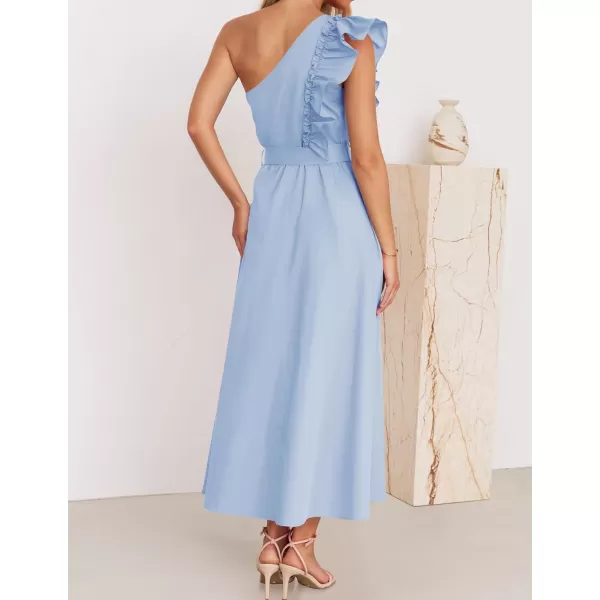 imageZESICA Womens Summer One Shoulder Ruffle Dress 2024 Sleeveless Empire Waist Boho Flowy Maxi DressesSky