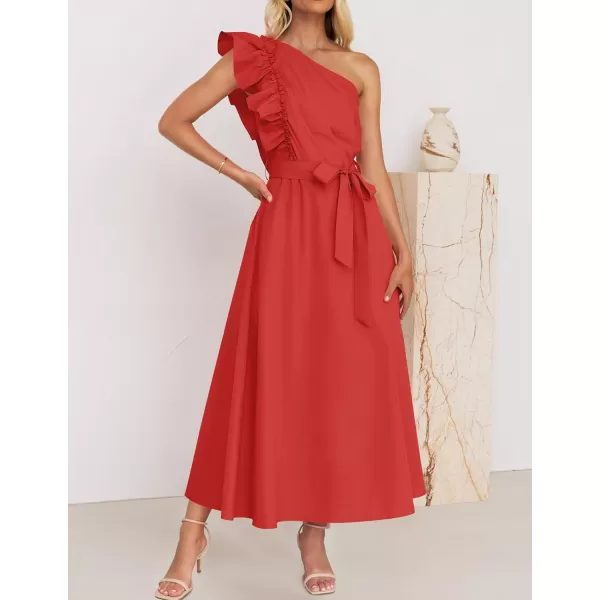 imageZESICA Womens Summer One Shoulder Ruffle Dress 2024 Sleeveless Empire Waist Boho Flowy Maxi DressesWatermelonred