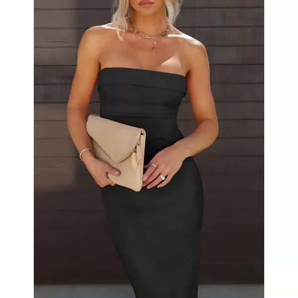 imageZESICA Womens Summer Strapless Bodycon Midi Dress 2024 Off Shoulder Strapless Side Slit Tube Long Club Party DressesBlack