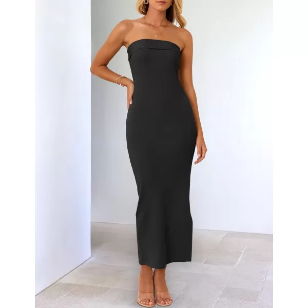 imageZESICA Womens Summer Strapless Bodycon Midi Dress 2024 Off Shoulder Strapless Side Slit Tube Long Club Party DressesBlack