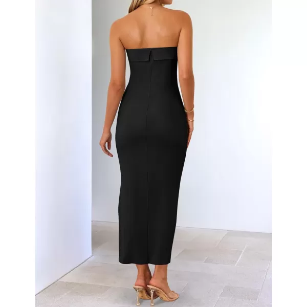 imageZESICA Womens Summer Strapless Bodycon Midi Dress 2024 Off Shoulder Strapless Side Slit Tube Long Club Party DressesBlack