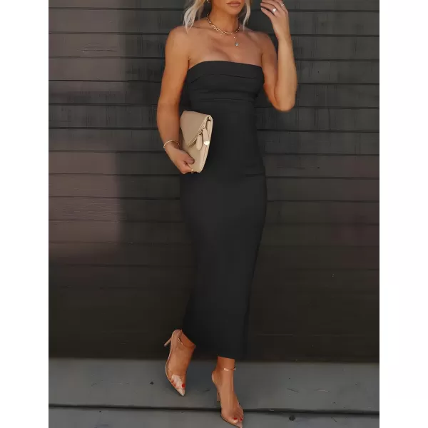 imageZESICA Womens Summer Strapless Bodycon Midi Dress 2024 Off Shoulder Strapless Side Slit Tube Long Club Party DressesBlack