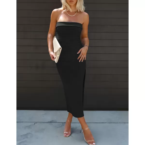 imageZESICA Womens Summer Strapless Bodycon Midi Dress 2024 Off Shoulder Strapless Side Slit Tube Long Club Party DressesBlack
