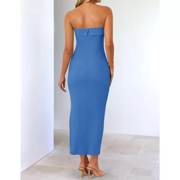 imageZESICA Womens Summer Strapless Bodycon Midi Dress 2024 Off Shoulder Strapless Side Slit Tube Long Club Party DressesCobalt