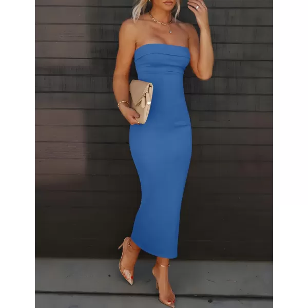 imageZESICA Womens Summer Strapless Bodycon Midi Dress 2024 Off Shoulder Strapless Side Slit Tube Long Club Party DressesCobalt