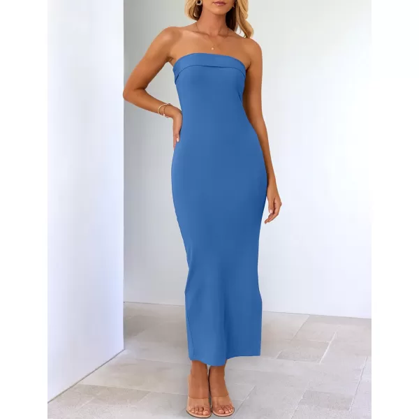 imageZESICA Womens Summer Strapless Bodycon Midi Dress 2024 Off Shoulder Strapless Side Slit Tube Long Club Party DressesCobalt