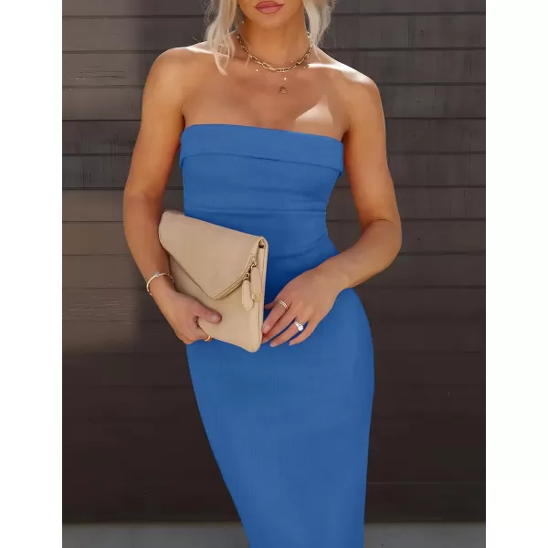 imageZESICA Womens Summer Strapless Bodycon Midi Dress 2024 Off Shoulder Strapless Side Slit Tube Long Club Party DressesCobalt