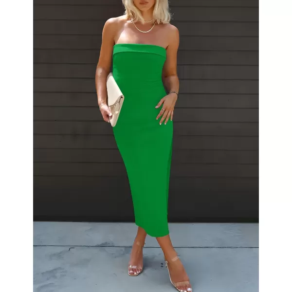 imageZESICA Womens Summer Strapless Bodycon Midi Dress 2024 Off Shoulder Strapless Side Slit Tube Long Club Party DressesGreen