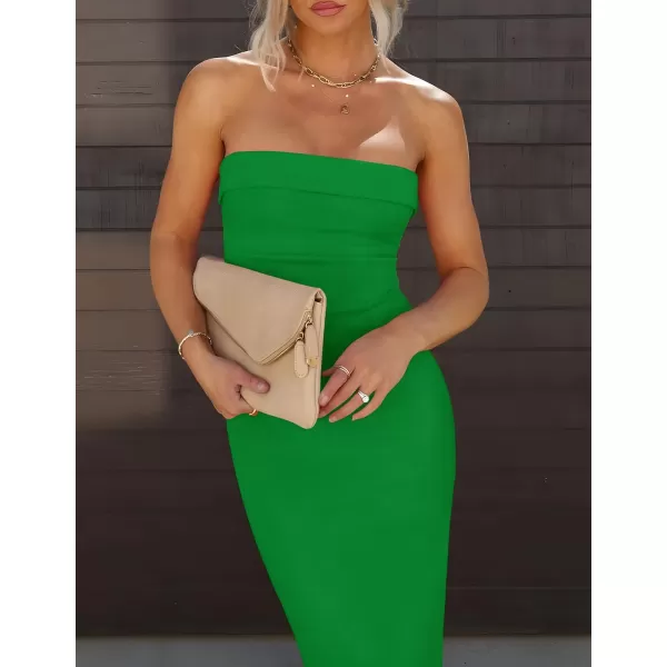 imageZESICA Womens Summer Strapless Bodycon Midi Dress 2024 Off Shoulder Strapless Side Slit Tube Long Club Party DressesGreen