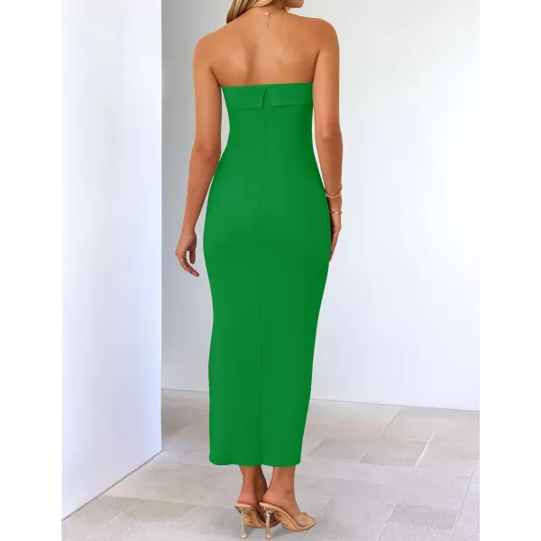 imageZESICA Womens Summer Strapless Bodycon Midi Dress 2024 Off Shoulder Strapless Side Slit Tube Long Club Party DressesGreen