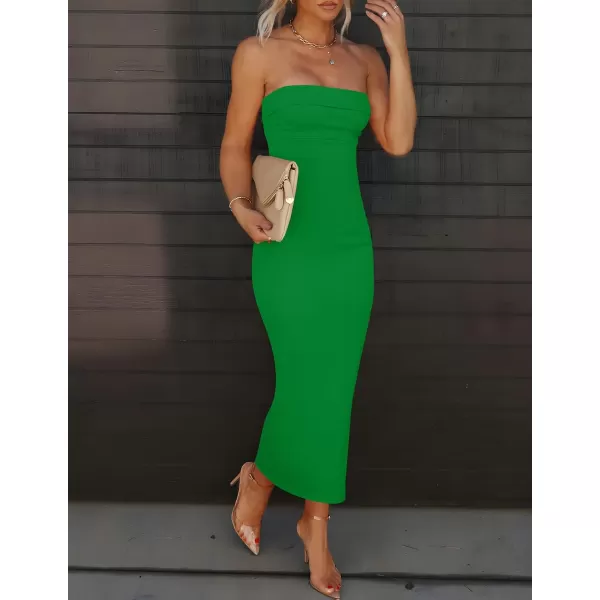 imageZESICA Womens Summer Strapless Bodycon Midi Dress 2024 Off Shoulder Strapless Side Slit Tube Long Club Party DressesGreen
