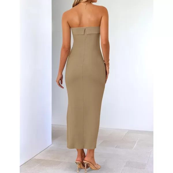 imageZESICA Womens Summer Strapless Bodycon Midi Dress 2024 Off Shoulder Strapless Side Slit Tube Long Club Party DressesKhaki