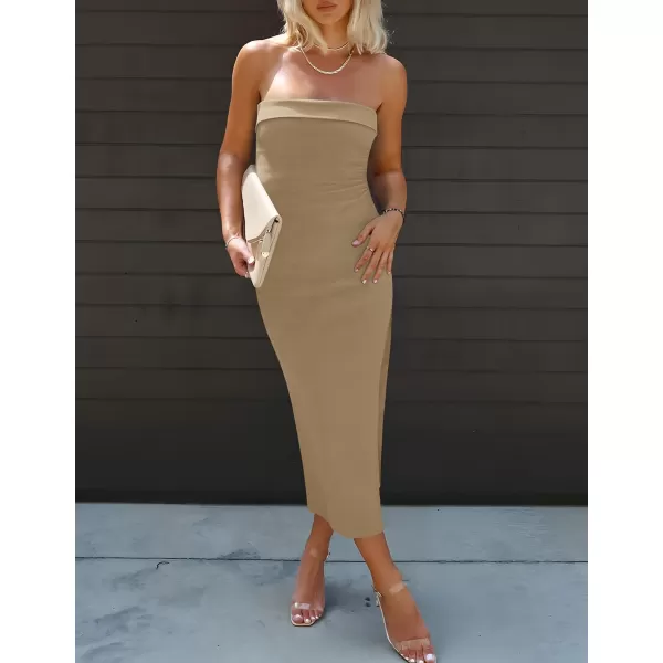 imageZESICA Womens Summer Strapless Bodycon Midi Dress 2024 Off Shoulder Strapless Side Slit Tube Long Club Party DressesKhaki