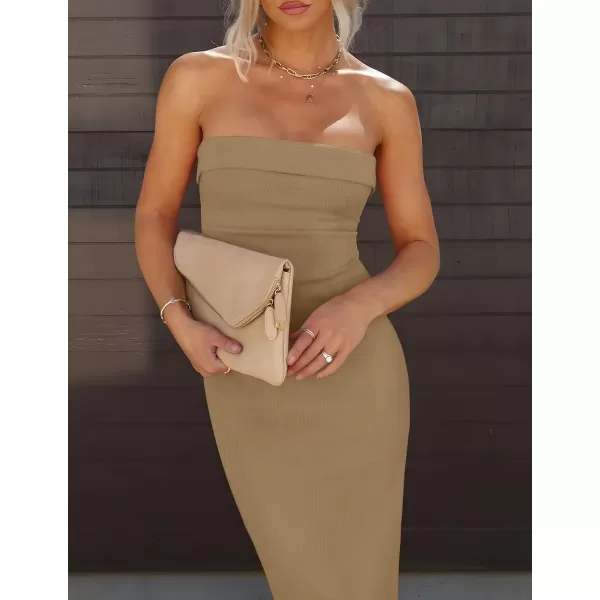 imageZESICA Womens Summer Strapless Bodycon Midi Dress 2024 Off Shoulder Strapless Side Slit Tube Long Club Party DressesKhaki