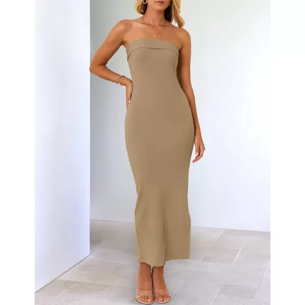 imageZESICA Womens Summer Strapless Bodycon Midi Dress 2024 Off Shoulder Strapless Side Slit Tube Long Club Party DressesKhaki