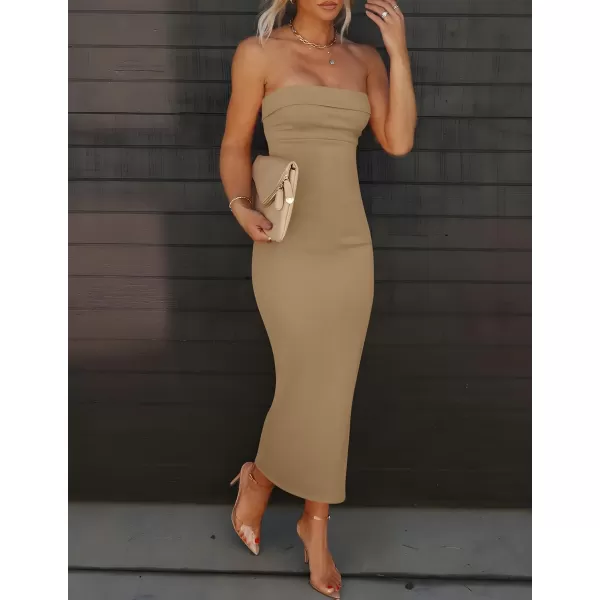 imageZESICA Womens Summer Strapless Bodycon Midi Dress 2024 Off Shoulder Strapless Side Slit Tube Long Club Party DressesKhaki