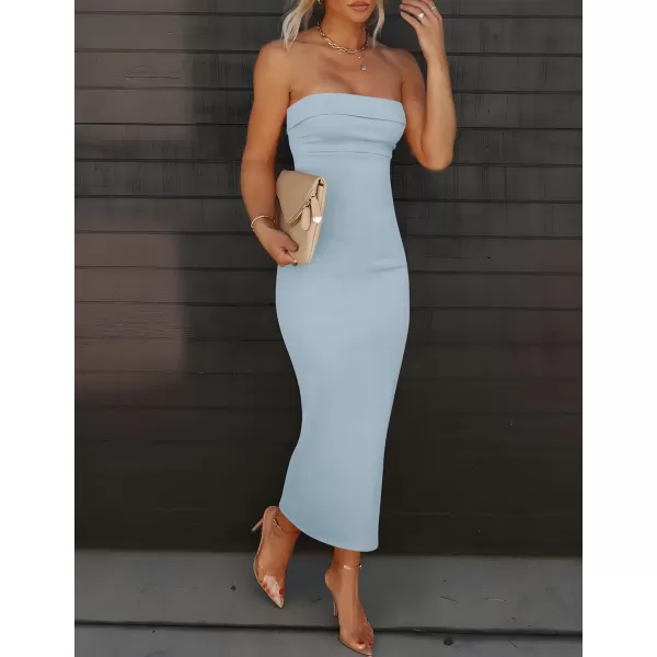 imageZESICA Womens Summer Strapless Bodycon Midi Dress 2024 Off Shoulder Strapless Side Slit Tube Long Club Party DressesLight Blue