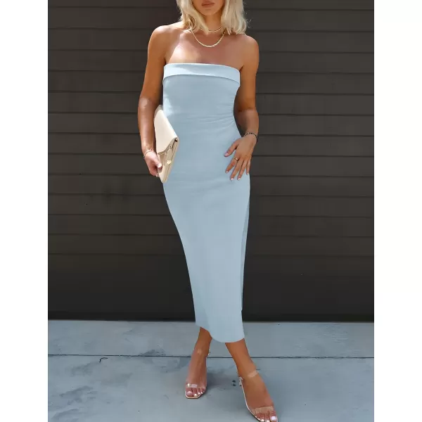 imageZESICA Womens Summer Strapless Bodycon Midi Dress 2024 Off Shoulder Strapless Side Slit Tube Long Club Party DressesLight Blue