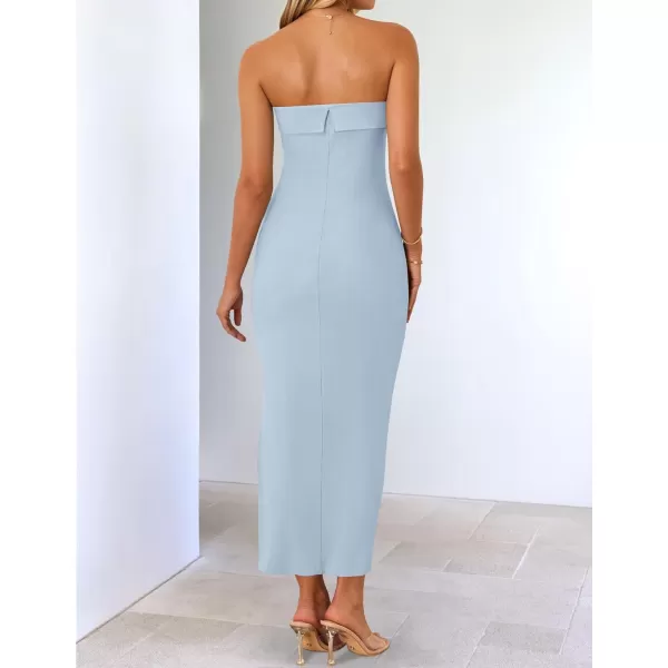imageZESICA Womens Summer Strapless Bodycon Midi Dress 2024 Off Shoulder Strapless Side Slit Tube Long Club Party DressesLight Blue