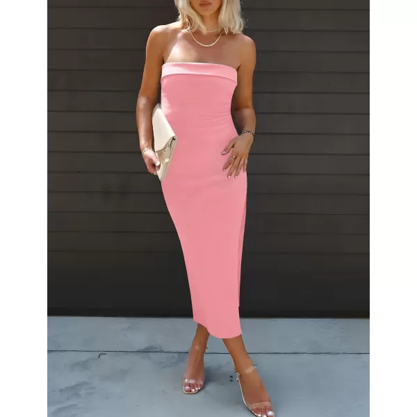 imageZESICA Womens Summer Strapless Bodycon Midi Dress 2024 Off Shoulder Strapless Side Slit Tube Long Club Party DressesPink