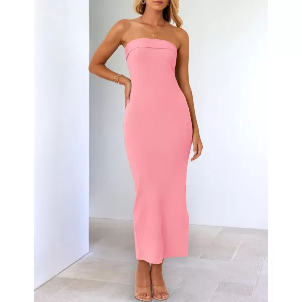imageZESICA Womens Summer Strapless Bodycon Midi Dress 2024 Off Shoulder Strapless Side Slit Tube Long Club Party DressesPink
