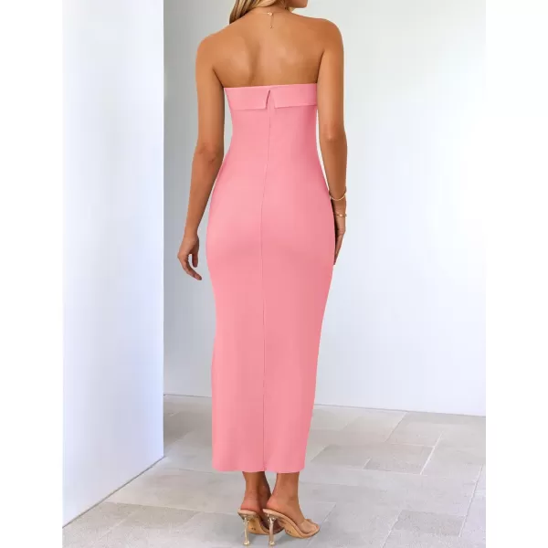 imageZESICA Womens Summer Strapless Bodycon Midi Dress 2024 Off Shoulder Strapless Side Slit Tube Long Club Party DressesPink