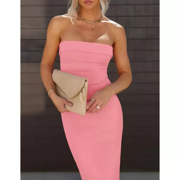 imageZESICA Womens Summer Strapless Bodycon Midi Dress 2024 Off Shoulder Strapless Side Slit Tube Long Club Party DressesPink
