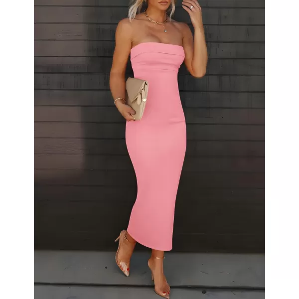 imageZESICA Womens Summer Strapless Bodycon Midi Dress 2024 Off Shoulder Strapless Side Slit Tube Long Club Party DressesPink