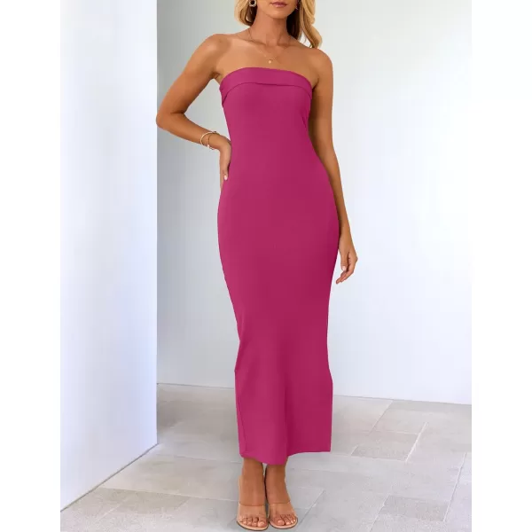 imageZESICA Womens Summer Strapless Bodycon Midi Dress 2024 Off Shoulder Strapless Side Slit Tube Long Club Party DressesPlum