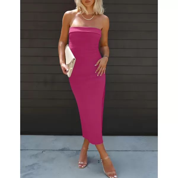 imageZESICA Womens Summer Strapless Bodycon Midi Dress 2024 Off Shoulder Strapless Side Slit Tube Long Club Party DressesPlum