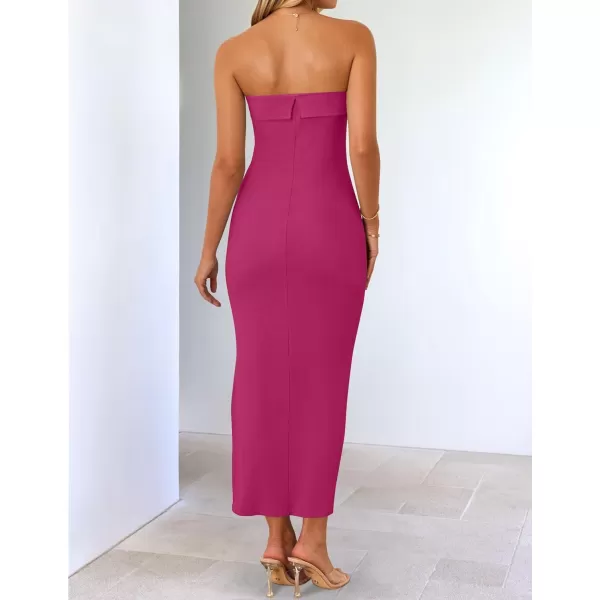 imageZESICA Womens Summer Strapless Bodycon Midi Dress 2024 Off Shoulder Strapless Side Slit Tube Long Club Party DressesPlum