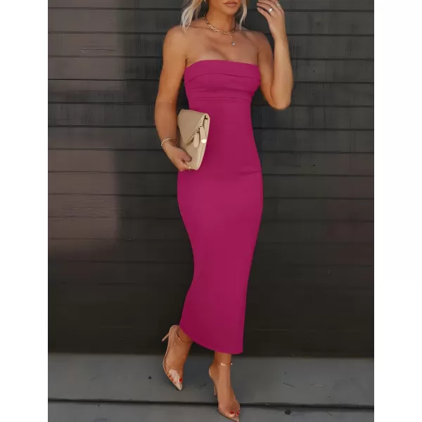 imageZESICA Womens Summer Strapless Bodycon Midi Dress 2024 Off Shoulder Strapless Side Slit Tube Long Club Party DressesPlum
