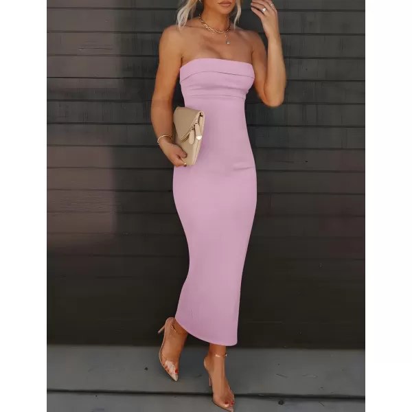 imageZESICA Womens Summer Strapless Bodycon Midi Dress 2024 Off Shoulder Strapless Side Slit Tube Long Club Party DressesPurple