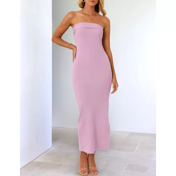 imageZESICA Womens Summer Strapless Bodycon Midi Dress 2024 Off Shoulder Strapless Side Slit Tube Long Club Party DressesPurple