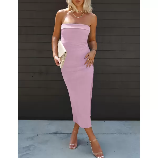 imageZESICA Womens Summer Strapless Bodycon Midi Dress 2024 Off Shoulder Strapless Side Slit Tube Long Club Party DressesPurple
