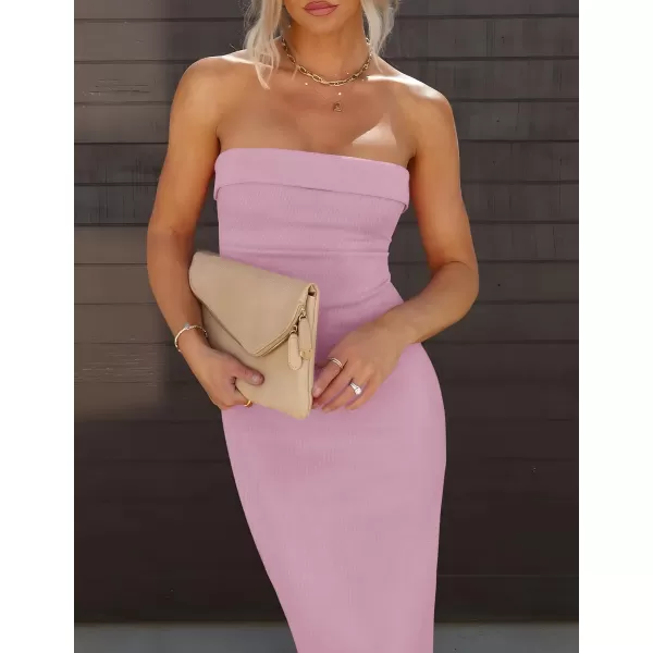 imageZESICA Womens Summer Strapless Bodycon Midi Dress 2024 Off Shoulder Strapless Side Slit Tube Long Club Party DressesPurple