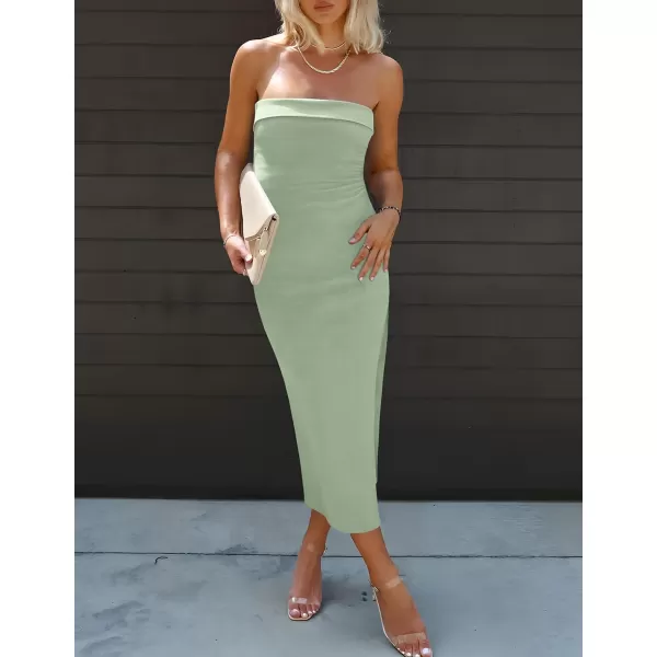 imageZESICA Womens Summer Strapless Bodycon Midi Dress 2024 Off Shoulder Strapless Side Slit Tube Long Club Party DressesSage