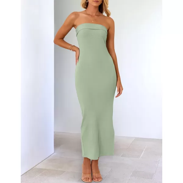 imageZESICA Womens Summer Strapless Bodycon Midi Dress 2024 Off Shoulder Strapless Side Slit Tube Long Club Party DressesSage
