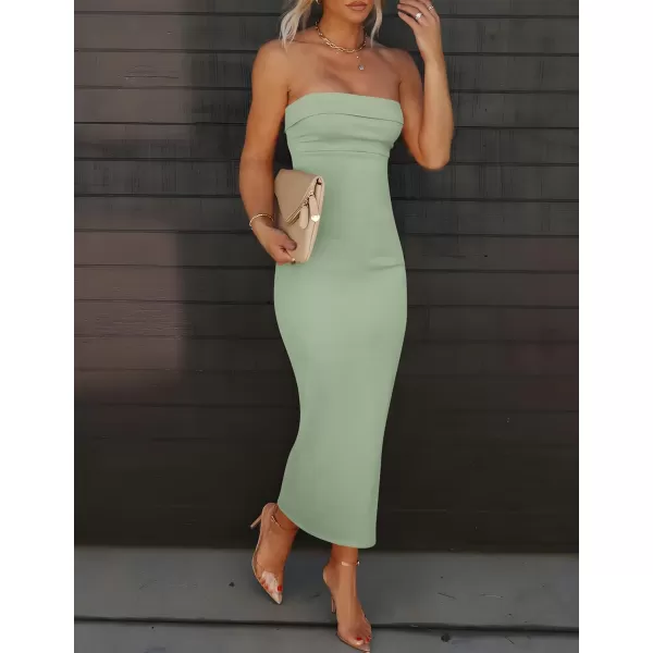 imageZESICA Womens Summer Strapless Bodycon Midi Dress 2024 Off Shoulder Strapless Side Slit Tube Long Club Party DressesSage