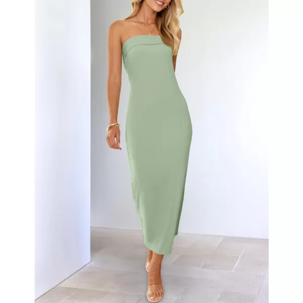 imageZESICA Womens Summer Strapless Bodycon Midi Dress 2024 Off Shoulder Strapless Side Slit Tube Long Club Party DressesSage