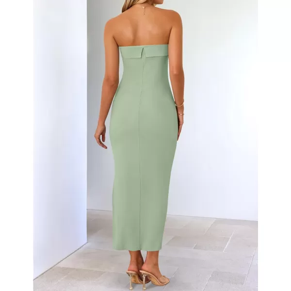 imageZESICA Womens Summer Strapless Bodycon Midi Dress 2024 Off Shoulder Strapless Side Slit Tube Long Club Party DressesSage