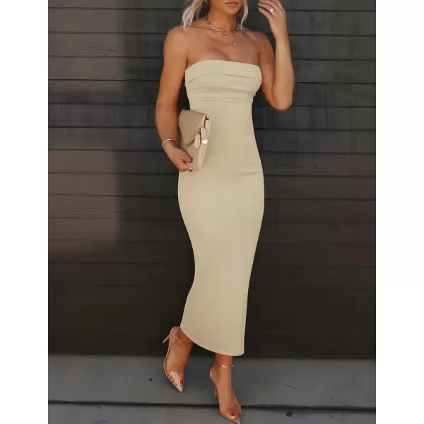 imageZESICA Womens Summer Strapless Bodycon Midi Dress 2024 Off Shoulder Strapless Side Slit Tube Long Club Party DressesSand