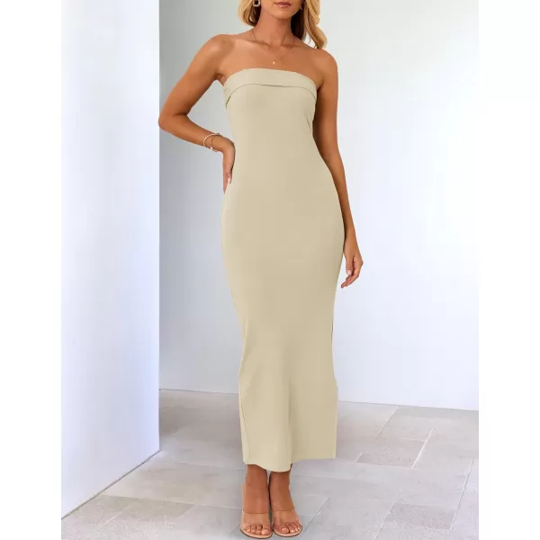 imageZESICA Womens Summer Strapless Bodycon Midi Dress 2024 Off Shoulder Strapless Side Slit Tube Long Club Party DressesSand