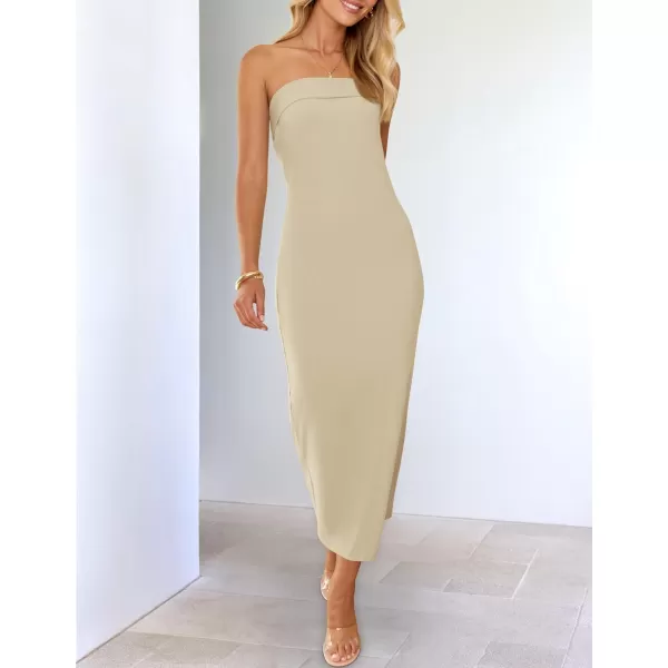 imageZESICA Womens Summer Strapless Bodycon Midi Dress 2024 Off Shoulder Strapless Side Slit Tube Long Club Party DressesSand