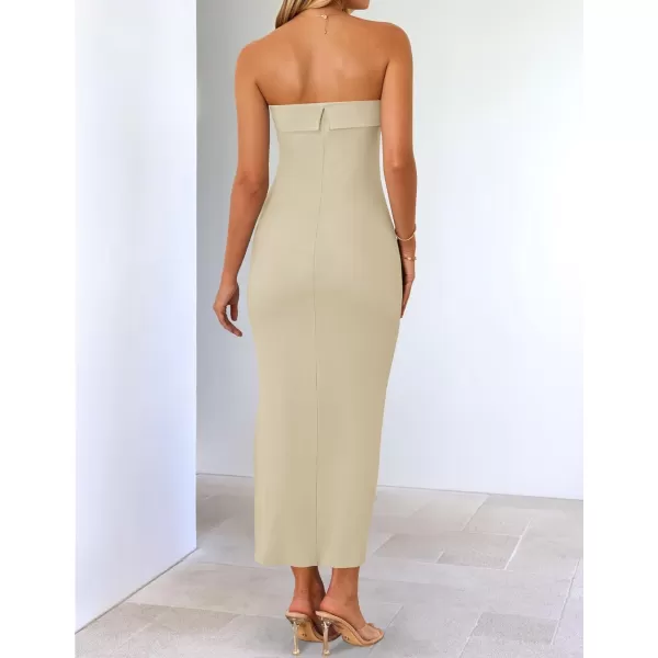 imageZESICA Womens Summer Strapless Bodycon Midi Dress 2024 Off Shoulder Strapless Side Slit Tube Long Club Party DressesSand