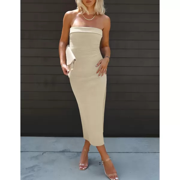 imageZESICA Womens Summer Strapless Bodycon Midi Dress 2024 Off Shoulder Strapless Side Slit Tube Long Club Party DressesSand
