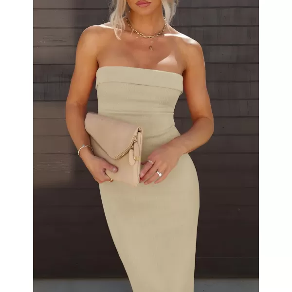 imageZESICA Womens Summer Strapless Bodycon Midi Dress 2024 Off Shoulder Strapless Side Slit Tube Long Club Party DressesSand